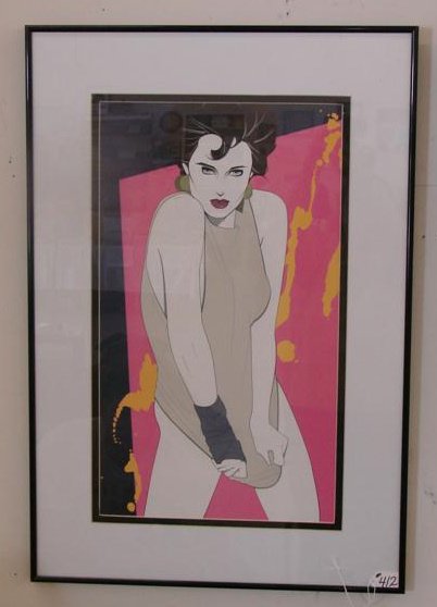 Patrick Nagel Color Silkscreen "Woman in Tan Shirt: Patrick Nagel Color Silkscreen "Woman in Tan Shirt". Listed Artist Patrick Nagel (1945-1984). Framed & Matted Under Glass 23 x 13.25" Image Size. Auction Estimate $200-300.