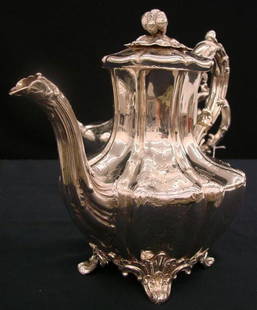 19th c John Sutters Sterling Silver 4pc Coffee/Tea: 19th c John Sutters Sterling Silver 4pc Coffee/Tea Service, Over 76 Troy oz. Set Consists of Tea Pot, Coffee Pot, Creamer & Sugar. Melon Shaped with Pear Finials by Made by John Sutters (1842-1843). A