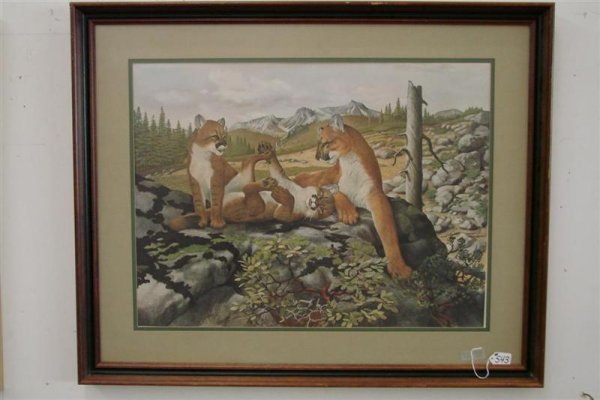 Signed Print by Listed Artist Ray Harm, Depicting : Signed Print by Listed Artist Ray Harm, Depicting a Mountainous Landscape with a Lioness & her Cubs. Framed & Matted Under Glass, 30 x 37". Auction Estimate $150-250.