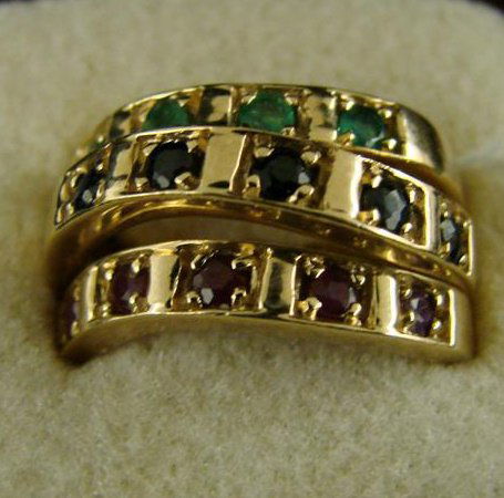 14K Yellow Gold 3 Ring Set. Ruby, Emerald Sapphire: 14K Yellow Gold Ruby, Emerald & Sapphire 3-Ring Set. Each Ring Has 5 Precious Gems Across the Top, These Rings look great alone or wear all 3 together. Total Weight 8.2 Grams, Size 5.5. Auction Estima