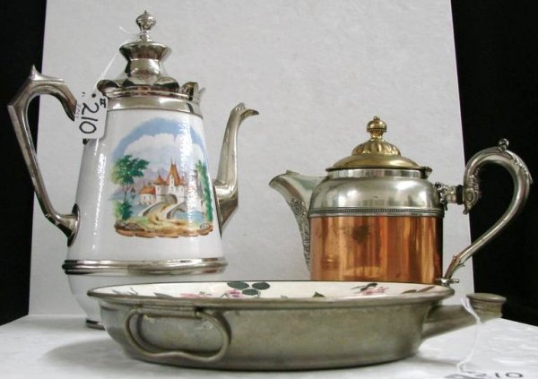 3pcs 19th Century Primitive Kitchenware / Cookware: 3 19th Century Kitchenware / Cookware Items: Porcelain & Copper Plate Warmer, a Copper & Silver Teapot & an Enameled Teapot with a Castle Scene. Auction Estimate $150-300.