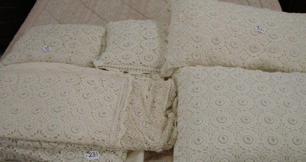 Pair of Matching Antique Hand Made Bed Sets Includ: Pair of Matching Antique Hand Made Bedding Sets: 2 Twin Size Bed Skirts, 2 Coverlets / Bedspreads & 2 Matching Covered Pillows. 8 Fabulous, Well-Made pieces in all. Auction Estimate $200-400.