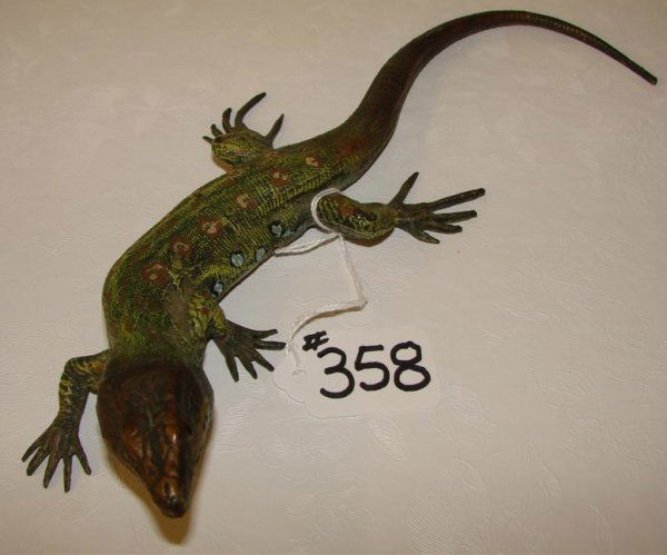 Franz Bergman Austrian Cold Painted Bronze Lizard: Signed Franz Bergman Austrian Cold Painted Bronze Lizard, with Impressed Bergman Amphora mark to Bottom. 10" Length. Auction Estimate $800- 1200.