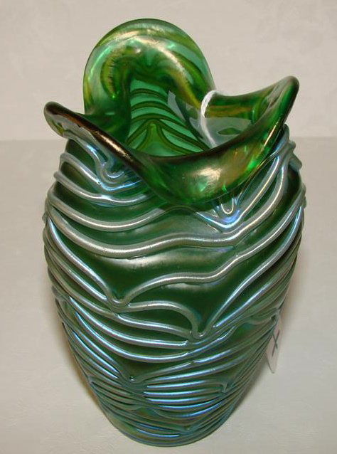 Unsigned Loetz Art Glass Vase with Spider Web Thre: Unsigned Loetz Art Glass Vase with Spider Web Threading, and a Dimpled Pinched Form Rim. Has Ground & Polished Pontil. 5.25" Ht. Auction Estimate $150-250.