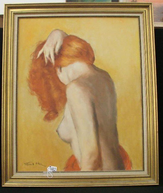 Oil/Canvas Painting "Standing Nude" by Pal Fried: Oil on Canvas Painting "Standing Nude" by Pal Fried (Hungarian/American 1893-1976) . Red Headed Nude Woman Holding her Flowing Hair. Signed Lower Left: Fried Pal. 30 x 24". Auction Estimate $1500-2500