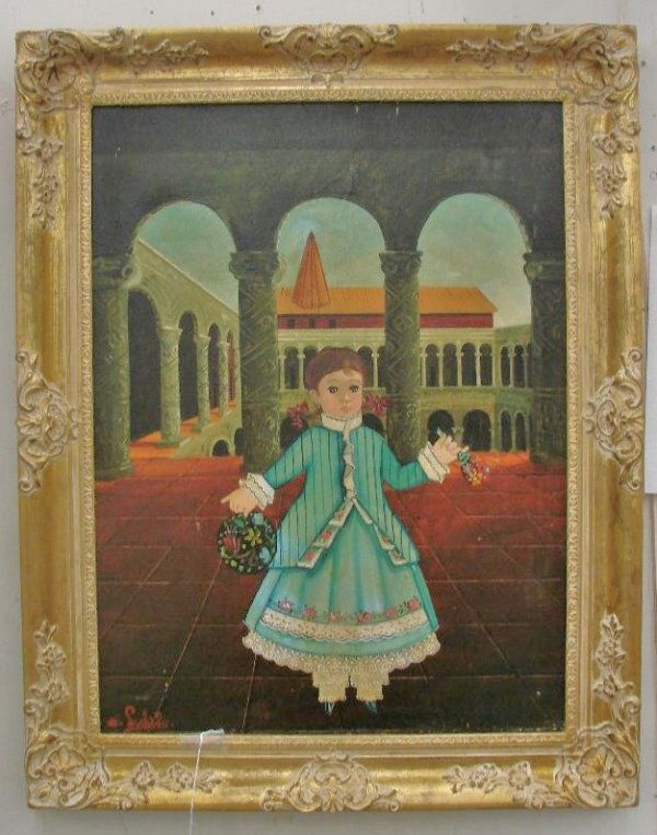 Oil on Canvas by Agapito Labios, Listed Artist: Oil on Canvas by Agapito Labios (Mexican, 1898-1996) Listed Artist. Depicts Young Girl Holding Flowers, Signed Lower Left A. Labios. 23.75 x 18.25" in Gilded Scroll-Molded Frame. Auction Estimate $300