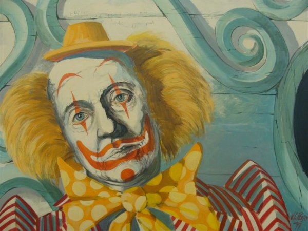 WC Perry O/C Painting – Sad Clown: Artist Signed Oil on Board Depicting a Sad Clown. Signed; W.C. Perry & Dated '77, Lower Right. Framed in Gilt Molded Frame, 24x30". Auction Estimate $100-200.
