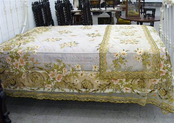 Victorian Floral Embroidered Set: Victorian Romantic Floral Embroidered Lace or Crewel Bedspread & Dresser Cloth or Tablecloth and Runner. Floral Design Handiwork on Sheer Fabric such as Netting. Auction Estimate: $100-200.