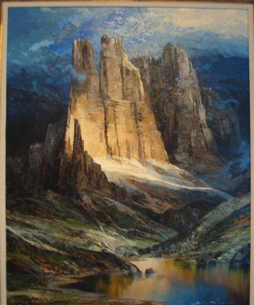 Heinz Munnich Oil on Canvas - Swiss Alps: Lg. Heinz Munich Oil on Canvas of Swiss Alps Scene. 36 x 37 inches and done with Palat Knife Technique. Signed by the Listed Artist. Artist Info: Heinz Munich (1921-1978) was born in Dresden, Germany,