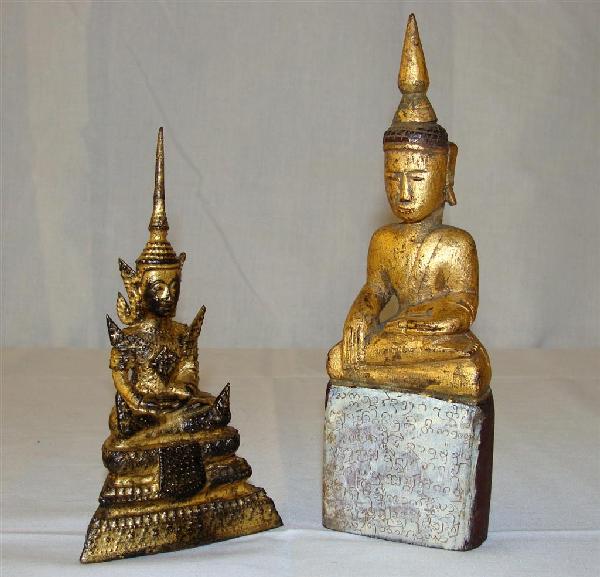 18th & 19th c. Buddhas: 2 Antique Buddhas: Bronze Siamese Sitting Buddha 5"h, Circa 1800 & Carved Wooden Siamese Buddha with Gold Gilt paint, Circa 1720. Auction Estimate: $100-200.