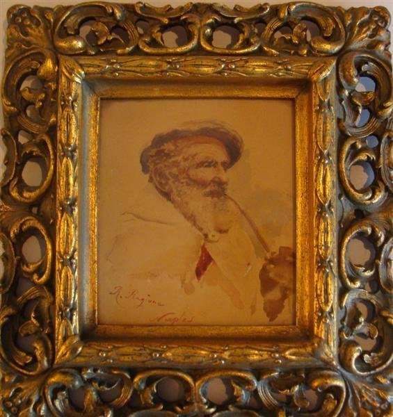 Ragione Miniature Watercolor – Man w/Pipe: Miniature Watercolor Painting of Old Man Smoking Pipe by Listed Artist Raffaelle Ragione (1851-1919). 4 x 5.25". Signed R. Ragione. In a Modern Gold Frame. Note:Previous Auction Results Records range 