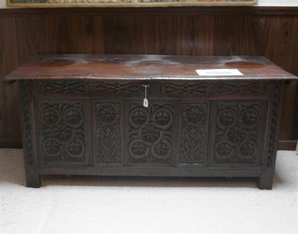 16th Century Walnut Lift Top Coffer: Outstanding 16th Century Walnut Coffer with Lift Top and Carved Sides and Front. Four Leaf Clover Carved Panels on Front with Carved Repeated Celtic Knot Trim. 57.25 x 23.5" x 25.25"h. Chest is in goo
