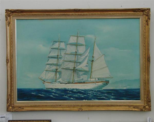 Contemporary Oil on Canvas Painting of Clipper Shi: Contemporary Oil on Canvas Painting of Clipper Ship at Full Sail in an Ornate Gilt Scrolled Frame. 29.5 x 41.5" Artist Signed Lower Left; Dean Percy. Auction Estimate $100- 200.