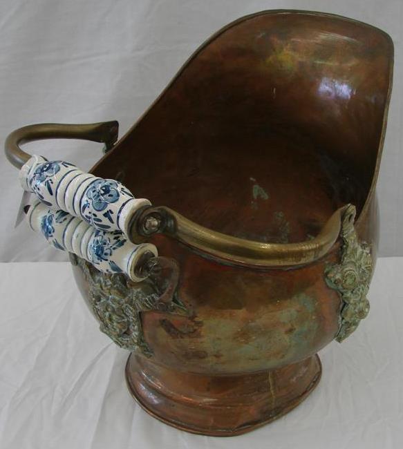19th Century Copper & Delft Coal Bucket: 19th Century Copper Coal Bucket with Delft Porcelain Style Handle. Auction Estimate $100-200.