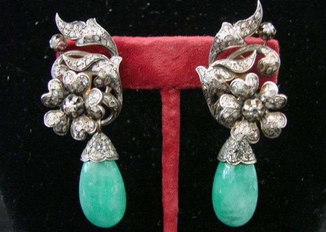 Antique 18K Gold (European), Diamond Earrings with: Antique 18K Gold (European), Diamond Earrings with Removable Raw Emerald Drops and Matching Rose-Cut Diamond Caps. The tops of the Earrings are Rose-Cut Diamonds Set in Flower Form. 33 grams. Auction