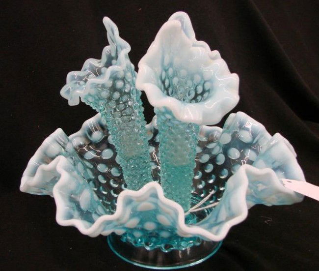Fenton Art Glass Blue Hobnail Opalescent Epergne,: Fenton Art Glass Blue Hobnail Opalescent Epergne, 8.25" Diameter & 7" Ht. Auction Estimate: $100-200.
