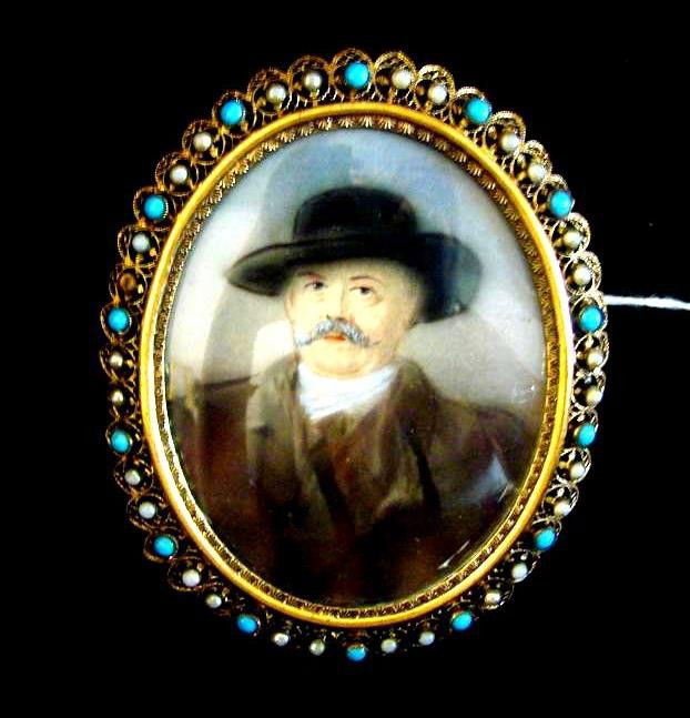 Miniature Portrait Painting on Ivory; Man with Dar: Miniature Portrait Painting on Ivory; Man with Dark Eyes and Heavy Mustache Dressed in Brown Suit & Black Hat – Possibly an Italian Padrone. Artist Signed Illegibly. Jeweled Turquoise & Baroque Pear