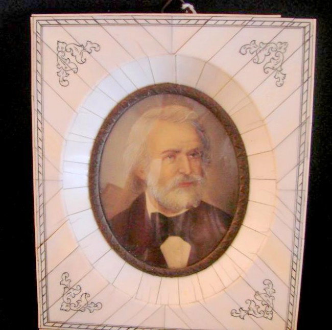 19th c Miniature Portrait Painting on Ivory; a Bea: 19th c Miniature Portrait Painting on Ivory; a Bearded Gentleman in Red Coat & Black Bow Tie. Artist Signed Illegibly (Possibly Giuseppe Verdi). In an Ivory Frame; 5.75" x 4.75". Auction Estimate: $30