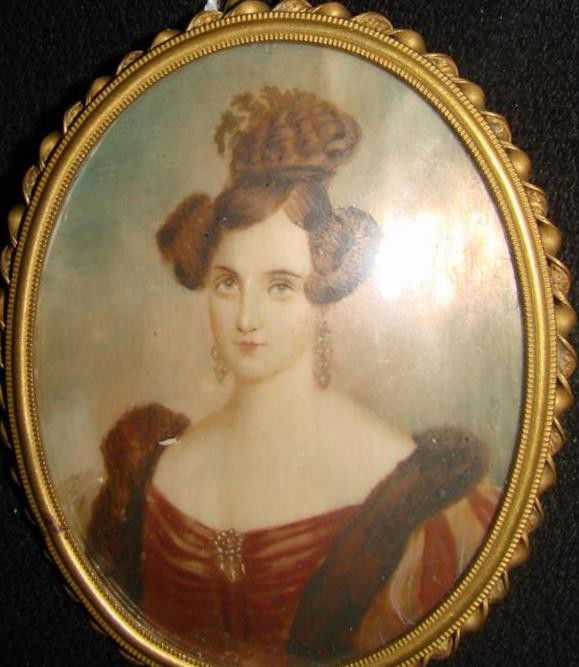 19c Miniature Portrait on Ivory – Sophia of Austri: 19c Miniature Portrait on Ivory – Sophia of Austria; Lady in Red Gown and Mink Stole with Piled Hair. Strip Brass Frame with Twist Ribbon Trim. Oval; 3.5" x 3". Reverse Reads "Sophia of Austria". Au