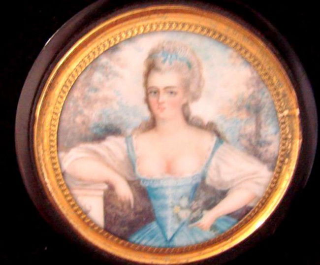 19th c Tortoise Shell Box w/ Miniature Ivory Portr: 19th c Tortoise Shell Box w/ Miniature Ivory Portrait Lid. The Round Box has a Hand Painted Ivory Portrait Under Glass Depicting a Lady in a Blue Dress Holding a Corsage, wearing a Ribbon-Tied, Powder
