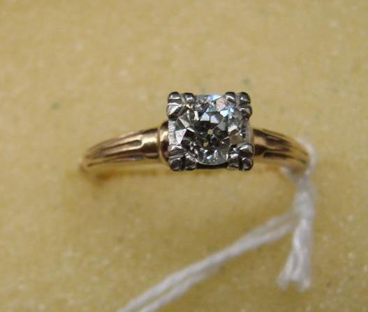14K Yellow & White Gold Diamond ½ ct Solitaire Rin: 14K Yellow & White Gold Diamond ½ ct Solitaire Ring with a European Cut; Diamond is Clean. Size 5.5; 2.6 grams. Auction Estimate: $400- 600.