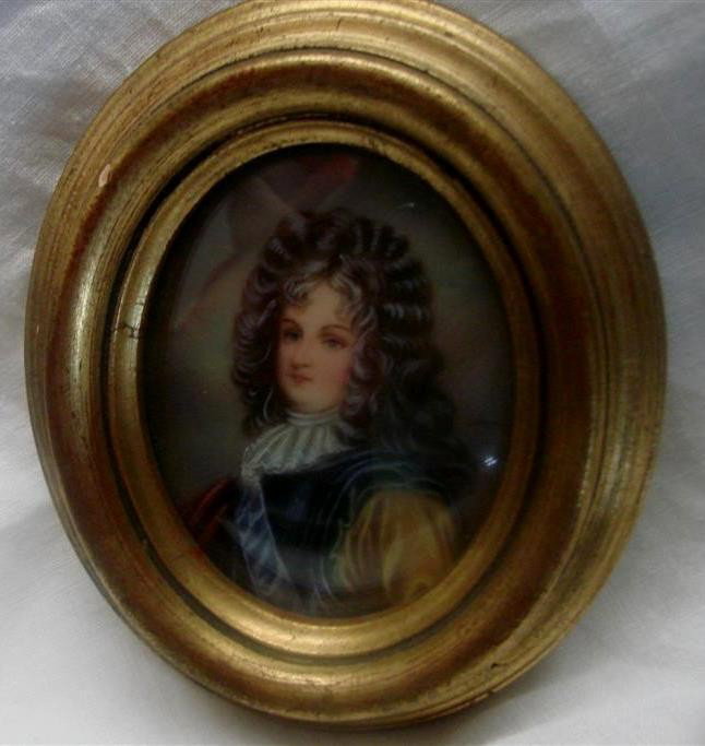 19th c Miniature Portrait Painting on Ivory; Gentl: 19th c Miniature Portrait Painting on Ivory; Gentleman with Big Wig Dressed in Blue Vest with Yellow Shirt & White Sash. Artist Signed Illegibly. 3" x 2.25" in Gilt Oval Ogee Frame. Auction Estimate: 