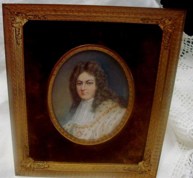 19c Miniature Portrait Painting on Ivory by Charle: 19c Miniature Portrait Painting on Ivory by Charles Camino (1824-1888). Depicts Aristocratic Gentleman in White Spotted Fur Cape & Lace Ascot with Big Wig. Signed by the Listed Artist: Camino. Gilt Me