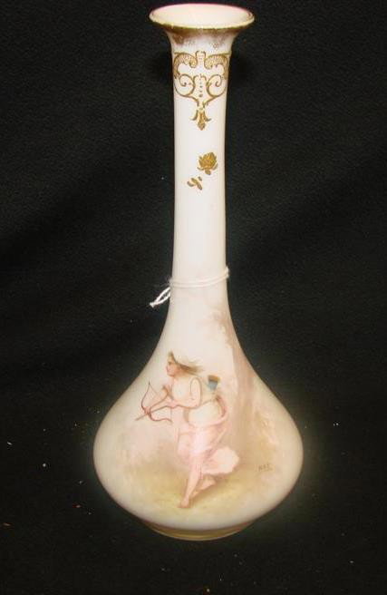19th c Handpainted Bud Vase with Archery Scene, Ar: 19th c Handpainted Bud Vase with Archery Scene, Artist Signed: Rex. 8" Ht. Auction Estimate $75-150.