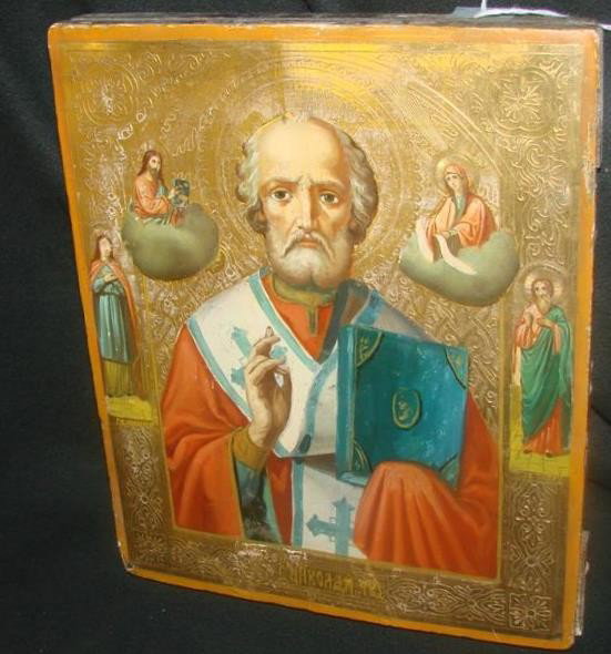 19c. Russian Icon of Saint Nicholas the Miracle Wo: 19c. Russian Icon of Saint Nicholas the Miracle Worker. Shown Holding the Word of God with Christ & Mary in the Heavens, 2 Saints at Sides. Painting is on Wood with Gilded & Finely Engraved Frame. 12 