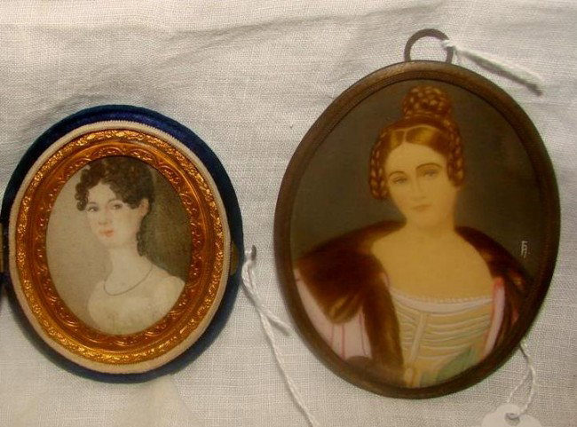 2 19c Miniature Portrait Paintings on Ivory: Lad: 2 19c Miniature Portrait Paintings on Ivory: Lady in White Dress with Necklace in a Blue Velvet Case and a Lady Dressed in Yellow with Pink Cape & Mink Stole. Initialed: F.R. Auction Estimate: $200-40