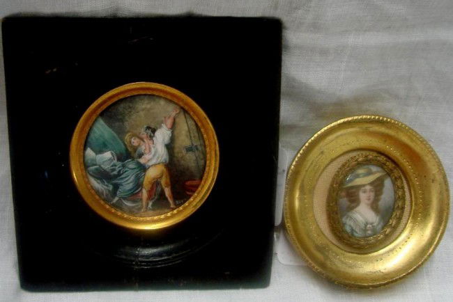 2 19c Miniature Portrait Paintings on Ivory: a Lad: 2 19c Miniature Portrait Paintings on Ivory: a Lady in Blue Dress with White Lace Collar & Wide Brim Hat with Blue Bow, Signed: Roy; and a Woman in Blue Dress Fending Off a Man's Advances. Artist Sign