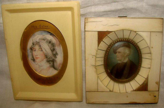 2 19c Miniature Portrait Paintings on Ivory – a Sc: 2 19c Miniature Portrait Paintings on Ivory – a Scottish Gent in Brown Coat with Pink Ascot & Brown Golf Hat and an English Lady with White Lace Collar & Hair Wrap, wearing a String of Pearls by Art