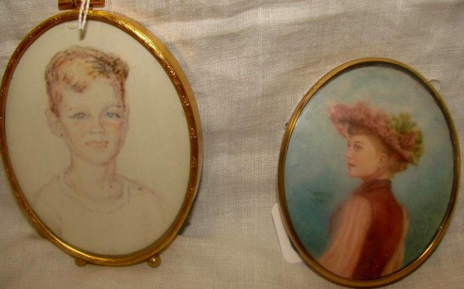2 Antique Miniature Portrait Paintings on Ivory - : 2 Antique Miniature Portrait Paintings on Ivory - A Lady Dressed in Pink Hat & Vest, Artist Signed & Dated: Watkins '84; And a Portrait of a Young Boy in White Tee-Shirt. Both in Metal Frames. Auction