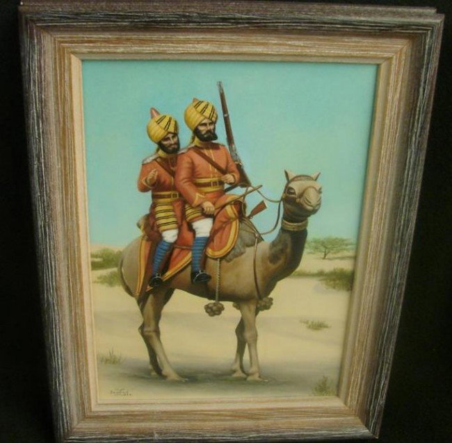 Artist Signed Oil on Board Painting of 2 Two India: Artist Signed Oil on Board Painting of 2 Two Indian Gents Riding a Camel. Artist Signed Lower Left; Jeanne. 7.5" x 5.25". In Wooden Strip Frame. Auction Estimate: $100-200.