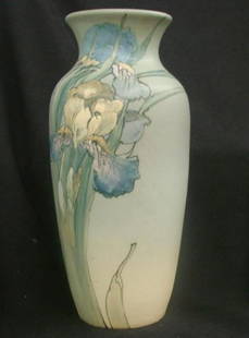 Rare Weller Hudson Painted Vase by Charles Leffler: Rare Weller Hudson Painted Vase by Charles Leffler, with Bearded Iris in a Variety of Colors on Both Sides of Cream Color Base. 15" x 7". Signed Leffler on Back Bottom Edge & Bears Impressed Weller