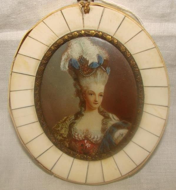 19c. Miniature Portrait Painting on Ivory; Elabora: 19c. Miniature Portrait Painting on Ivory; Elaborately Dressed French Lady in Red Dress with Ostrich Plumes & Hair Combs with Blue Ribbons. In an Ivory Frame. Artist Signed Illegibly. 3.25" x 2.5". Au