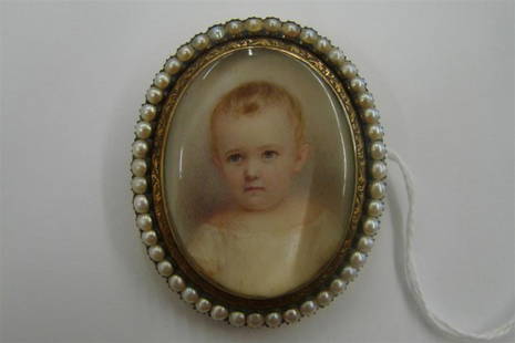 14K Mourning Brooch w/ Painting on Ivory of Baby i: 14K Mourning Brooch w/ Painting on Ivory of Baby in a 14K Yellow Gold Frame mounted under glass and Seed Pearls circling around the Frame. (Seed Pearls often represented Tears) This lovely Victorian M