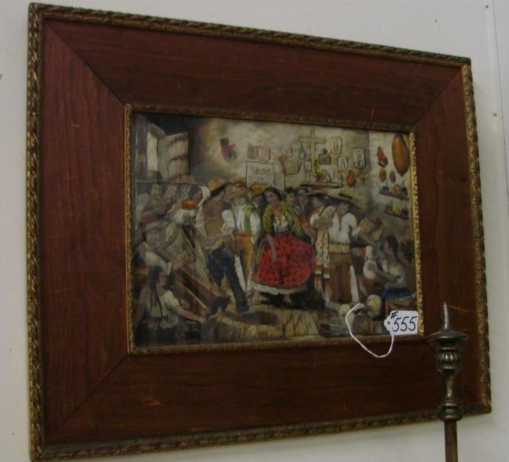 Antique Watercolor & Feather Painting: Antique Watercolor & Feather Painting of a Spanish Cantina with People Drinking and Dancing. Framed Under Glass in Oak Gesso Frame. 17 x 20.5". Auction Estimate: $100- 200.