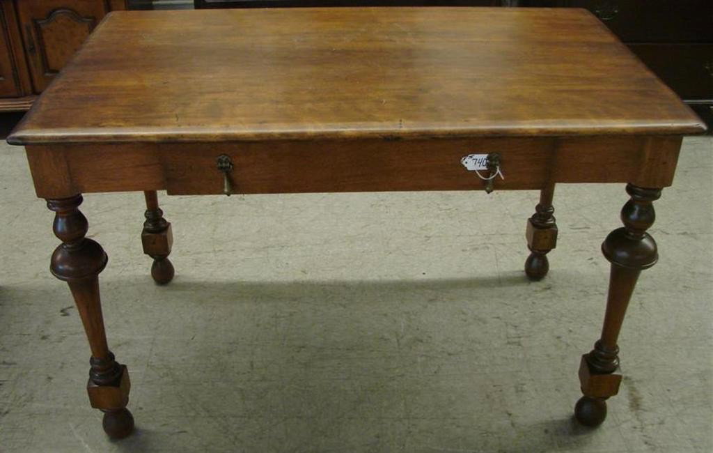 Antique One-Drawer Library Table w/ Bun Feet: Antique One-Drawer Library Table with Turned & Block Supports Ending in Bun Feet. 29.5"h x 46"w x 28.25"d. Auction Estimate $200-400.