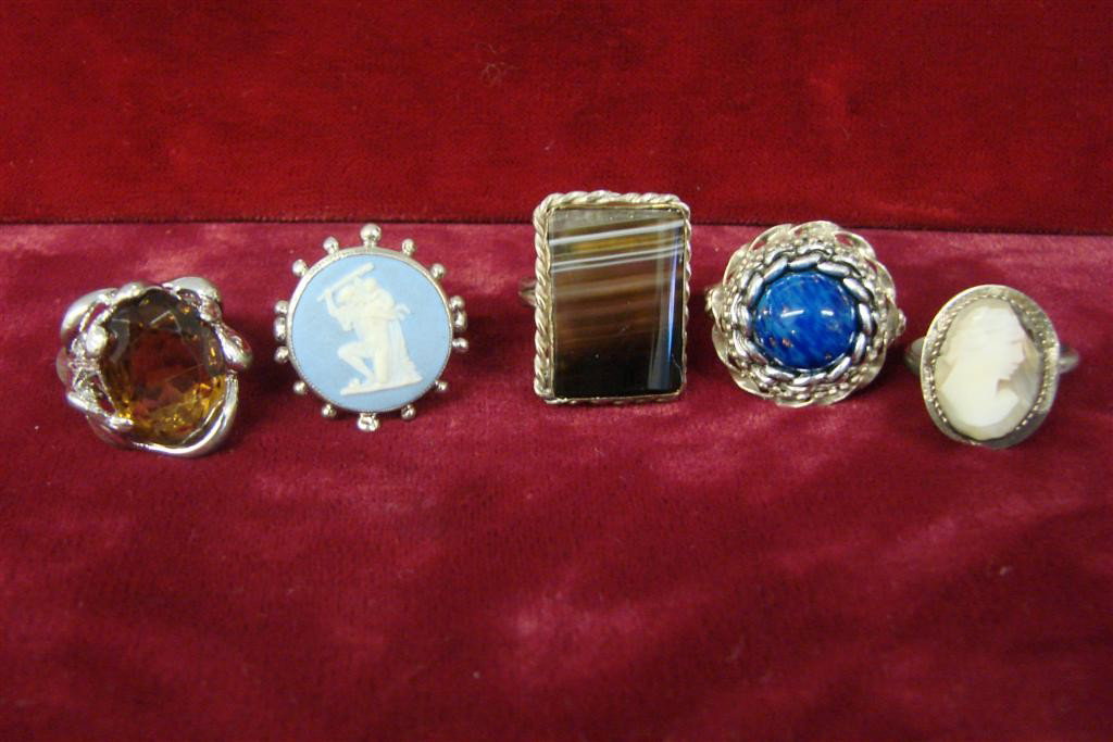 5 Sterling Silver Rings; Jasperware, Lapis Lazuli,: 5 Sterling Silver Rings; Jasperware, Lapis Lazuli, Agate, Cameo & Smoky Topaz. 35.7 Grams tw. Auction Estimate $50- 100.