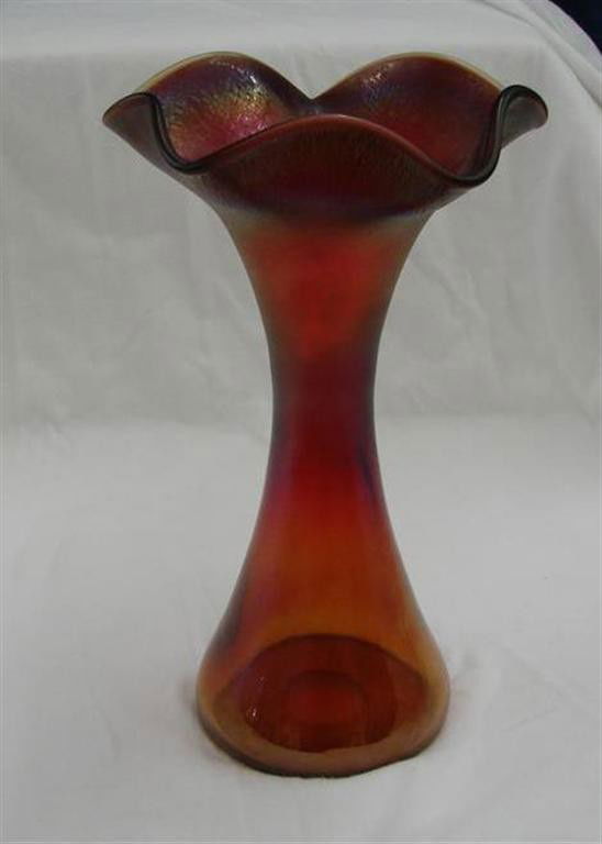 Antique Art Glass Ruby Stretched Vase; Ruby Red: Antique Art Glass Ruby Stretched Vase; Ruby Red Stretch Design with a Ruffled Top and Ground Pontil. 10"h. Auction Estimate $50-100.