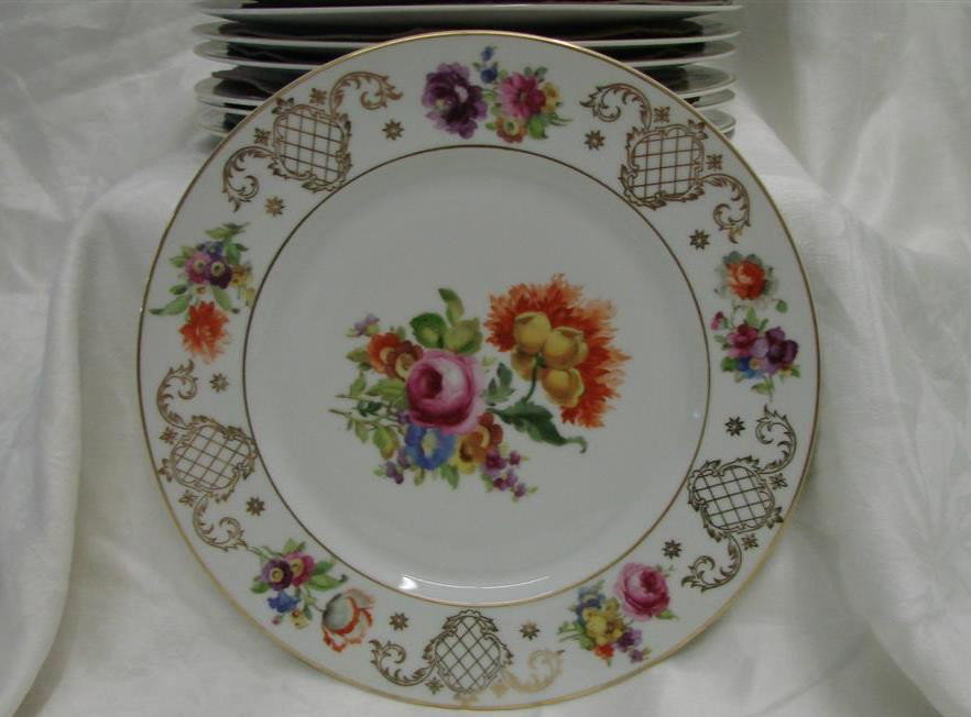 12 Bavarian Hand painted Dresden Porcelain Plates: 12 Bavarian Hand Painted Dresden Porcelain Plates. Decorated in the Dresden Pattern. Made Exclusively for the Frank Herschede Co, Jewelers and Silversmiths, Cincinnati. Auction Estimate: $200-400.