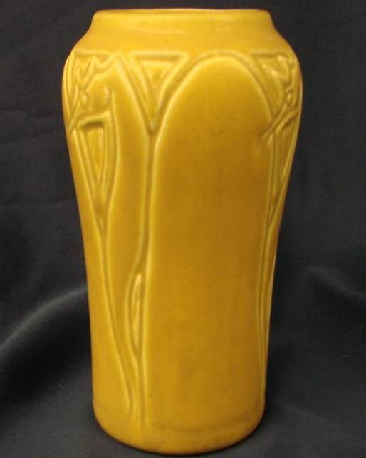 1919 Rookwood Art Pottery ET Hurley Vase # 2124: Signed Rookwood Art Pottery ET Hurley Vase # 2124 Dated 1919; from the Arts & Crafts Period; Mustard Yellow Color with Seahorse Decoration. Designed by E.T. Hurley. 6" h. Auction Estimate: $100- 200.