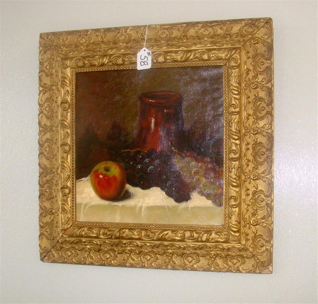 Oil on Canvas Still Life Painting - Fruits &: Oil on Canvas Still Life Painting - Fruits & Vase in an Ornate Antique Frame. Artist Signed: A. Roberti; . Note: Has Been Re-sized to Fit Frame. 18.5" Square. Auction Estimate: $100- 200.