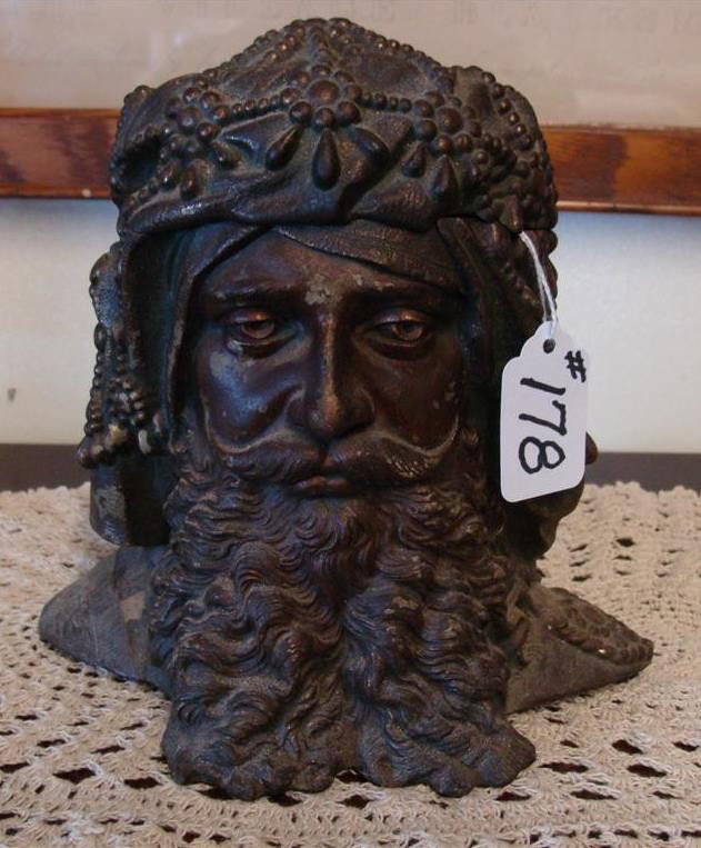 Rare Antique Figural Bradley & Hubbard Humido: Rare Antique Figural Bradley & Hubbard Humidor / Tobacco Jar. Sultan? Sheik? Prince? Humidor; 7 inches in height. Original Stainless Steel Liner and Humidor are BOTH signed Bradley & Hubbard Mfg Co. H