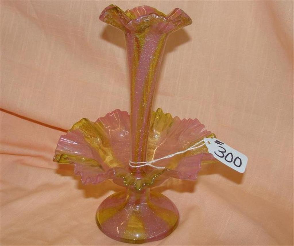 Antique Blown Art Glass Epergne; Multi Colors: Antique Blown Art Glass Epergne; Multi Colors of Lime Green & pink with Silver Flakes; 8" Ht x 5.5" Dia. Auction Estimate: $150-250.