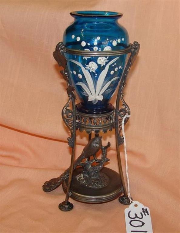 Outstanding Reed & Barton Silver vase Holder: Outstanding Reed & Barton Silver vase Holder with Peacock on Tree Trunk Base with Blue Handpainted Art Glass Vase; 9" Ht. Auction Estimate: $150-250.