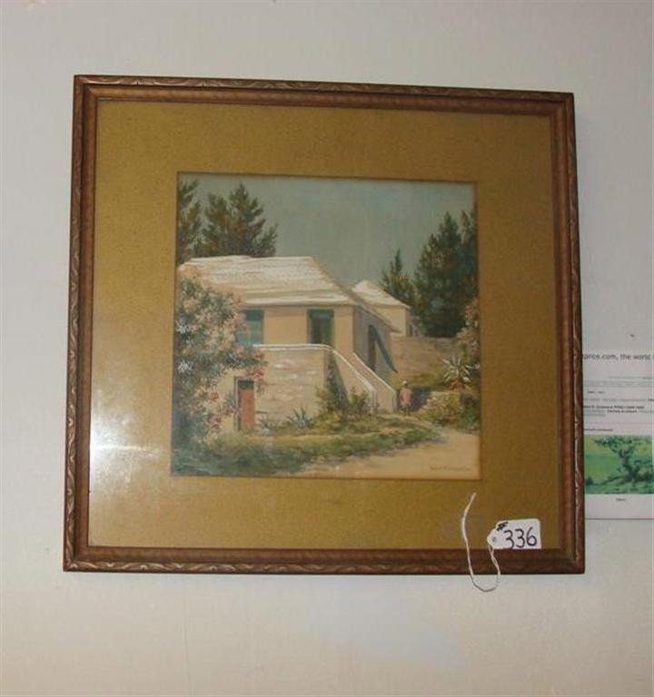 Painting by Listed Artist Mabel E Dickinson P: Painting by Listed Artist Mabel E Dickinson Pond (1870 - ) Massachusetts. Watercolor & Gouache; Depicting a Landscape with Houses in Background and Young Boy Standing in the Yard. Framed & Matted Unde