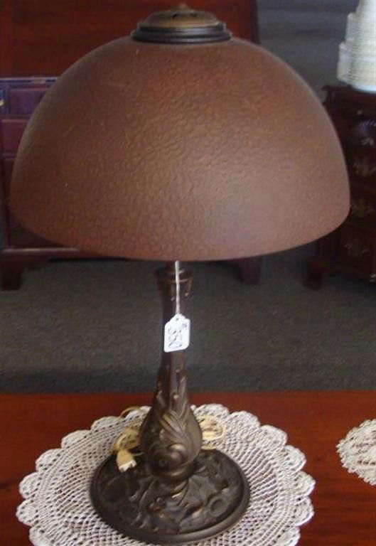 Antique Art Deco Cased Glass Table Lamp. The: Antique Art Deco Cased Glass Table Lamp. The Cased Art Glass Shade has a Hammered-Look, Copper-Colored Exterior with White Interior; Lamp is 24" in ht. Shade Diameter is 14". Great Office Decor! . Auc