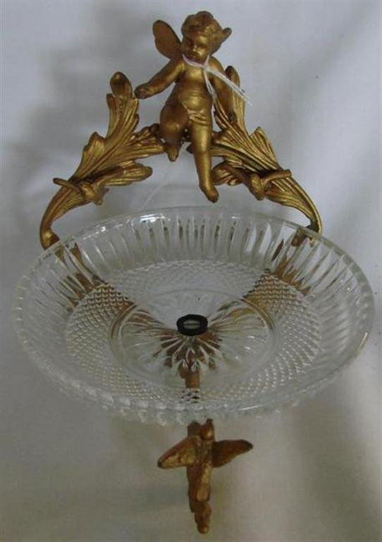 Victorian Glass Calling Card Tray in Gilded Holder: 19th Century Calling Card Tray in Gilded Metal Holder with Cherub and Bird. Auction Estimate $100-200.